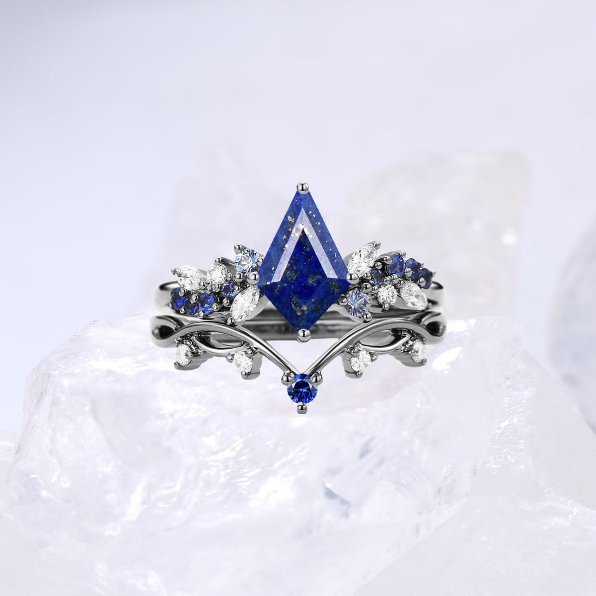 Vintage Black Gold Lapis Lazuli Engagement Ring Set Kite Cut Unique Cluster Sapphire Lapis Lazuli Bridal Ring Set  Anniversary Gift For Her