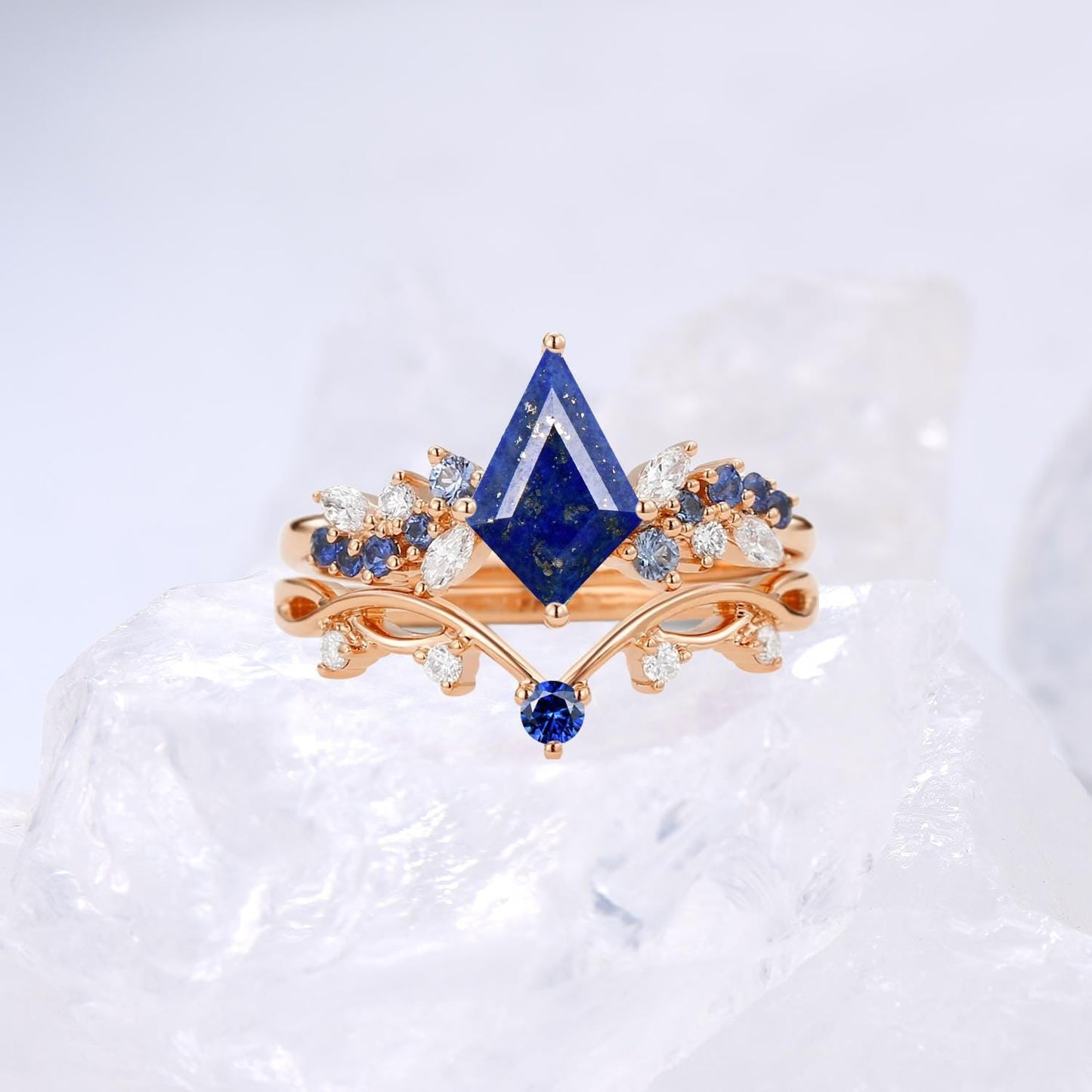 Vintage Black Gold Lapis Lazuli Engagement Ring Set Kite Cut Unique Cluster Sapphire Lapis Lazuli Bridal Ring Set  Anniversary Gift For Her