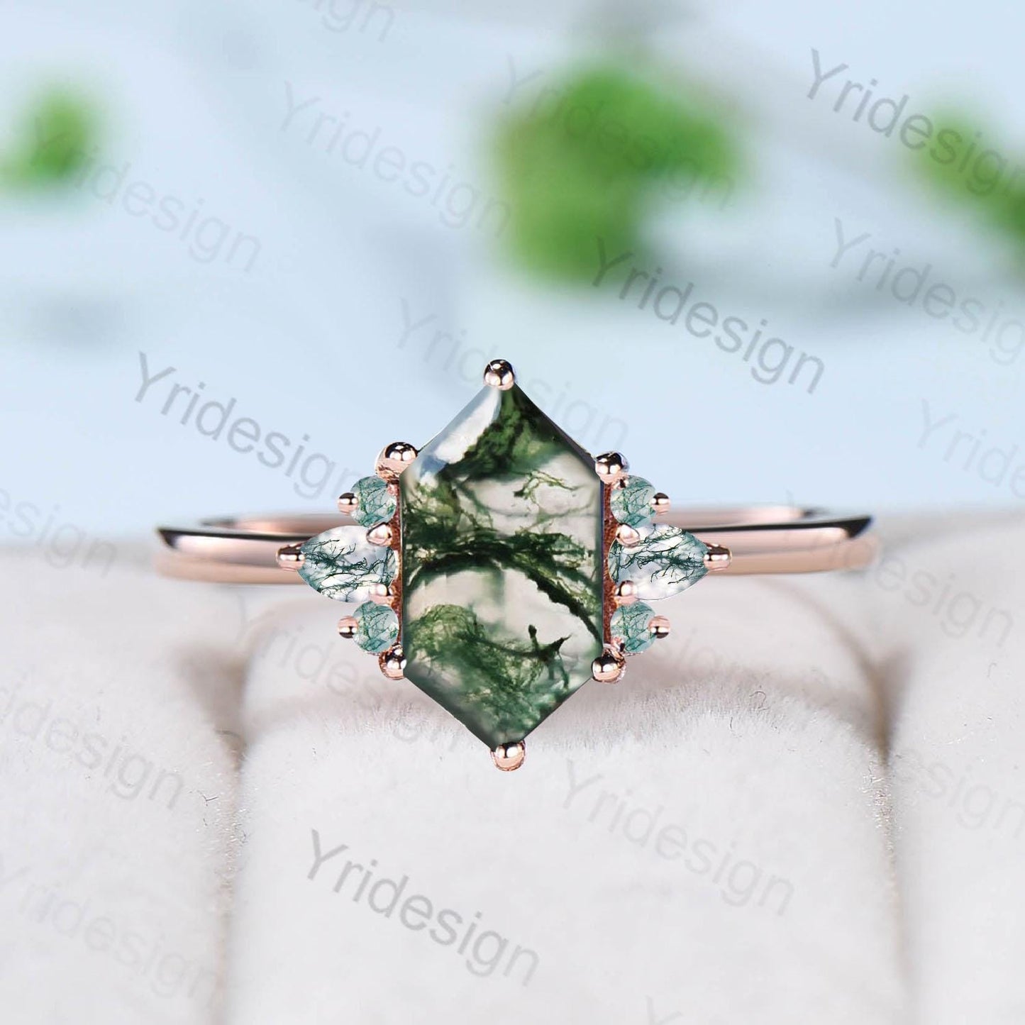 Vintage Long Hexagon cut moss agate cluster pear shaped sapphire Green Agate engagement ring art deco anniversary gift ring for women