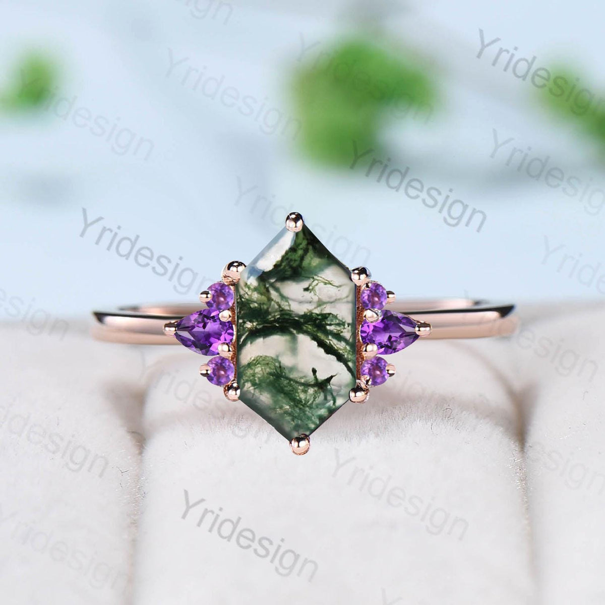 Vintage Long Hexagon cut moss agate cluster pear shaped sapphire Green Agate engagement ring art deco anniversary gift ring for women