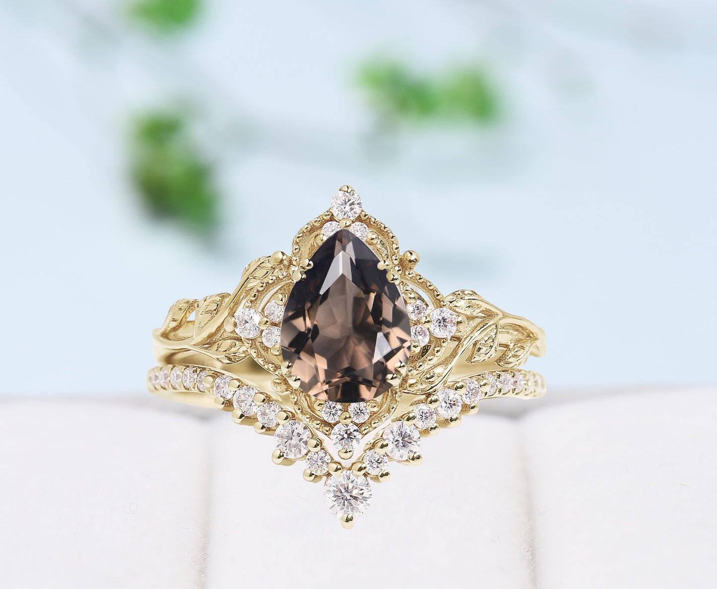 Natural inspired smoky quartz engagement ring set art deco cluster moissanite bridal wedding ring set Unique anniversary promise ring gift
