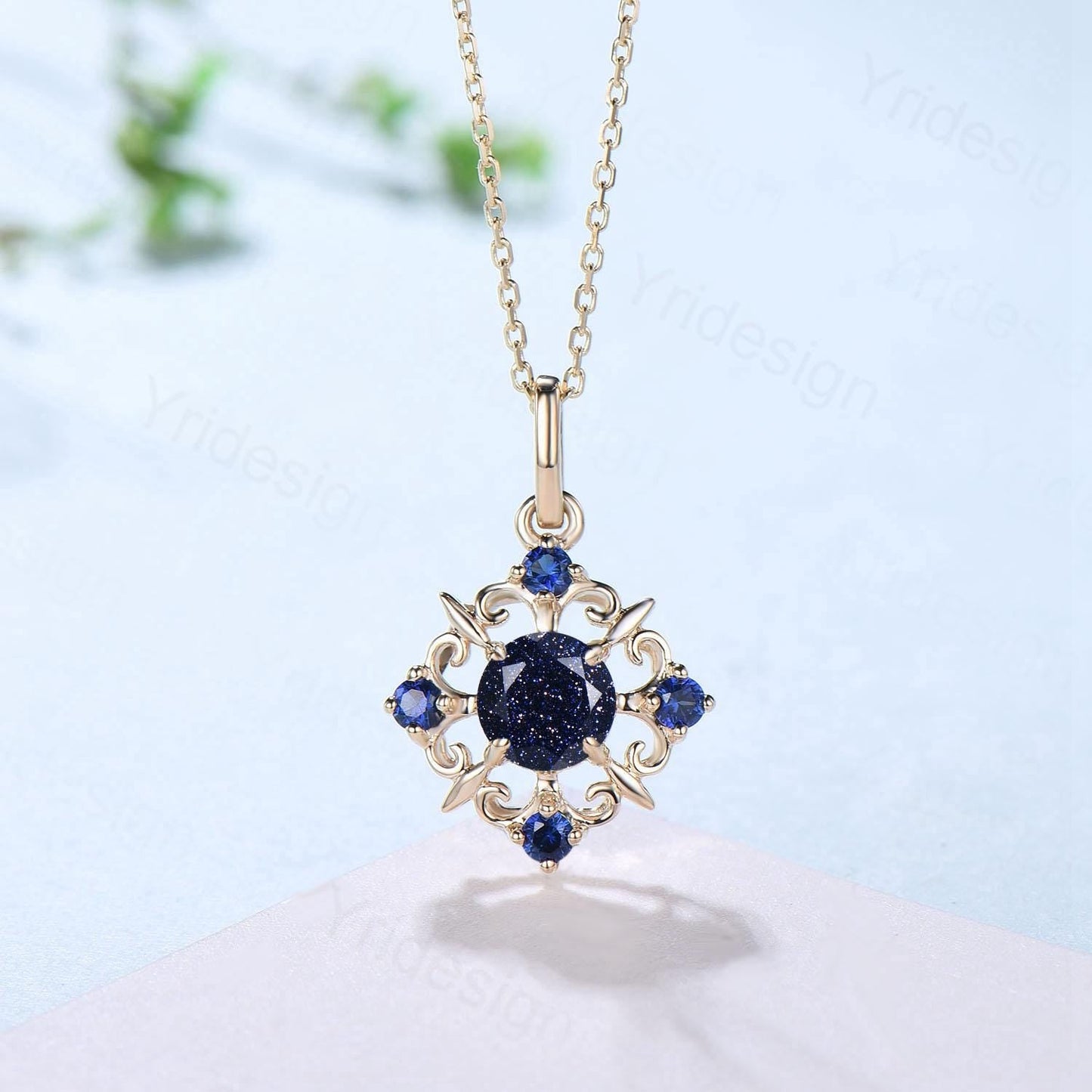 Vintage Magic Blue Sandstone Necklace Unique Nature Halo Blue  Sapphire Pendant  Silver 14K/18K Yellow Gold Necklace For Women Birthday Gift
