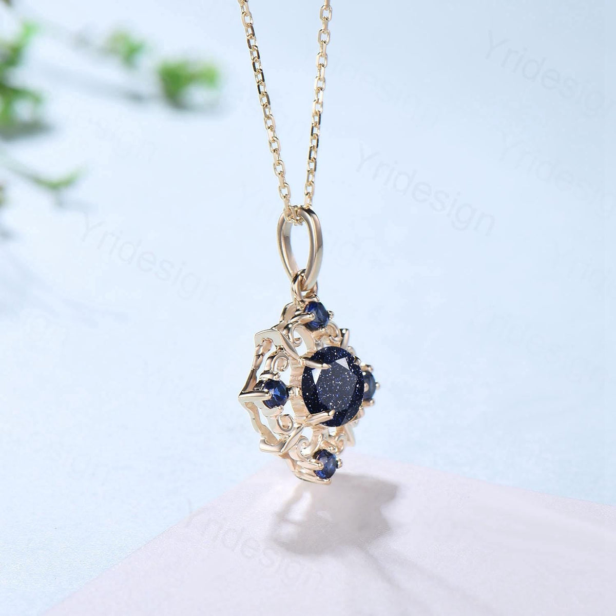 Vintage Magic Blue Sandstone Necklace Unique Nature Halo Blue  Sapphire Pendant  Silver 14K/18K Yellow Gold Necklace For Women Birthday Gift
