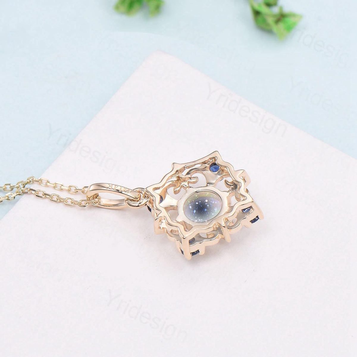 Vintage Magic Blue Sandstone Necklace Unique Nature Halo Blue  Sapphire Pendant  Silver 14K/18K Yellow Gold Necklace For Women Birthday Gift