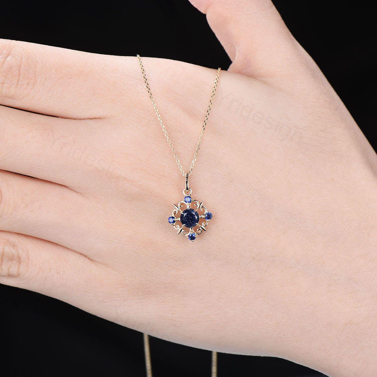 Vintage Magic Blue Sandstone Necklace Unique Nature Halo Blue  Sapphire Pendant  Silver 14K/18K Yellow Gold Necklace For Women Birthday Gift