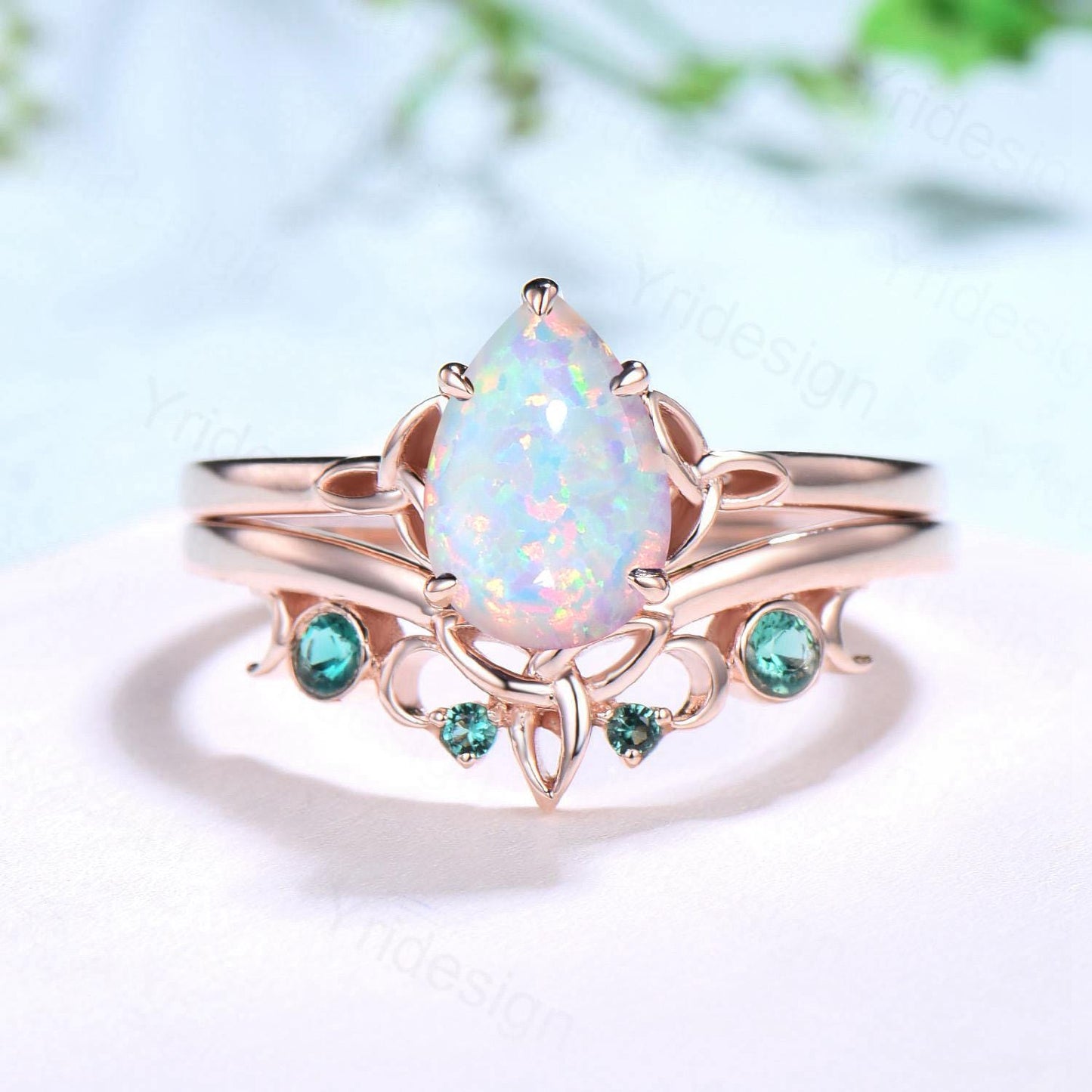 Celtic Knot White Opal Bridal Ring Set, 6x9mm Pear Shaped Fire Opal Engagement Ring Set, Emerald Stacking Matching Band, Anniversary Gift