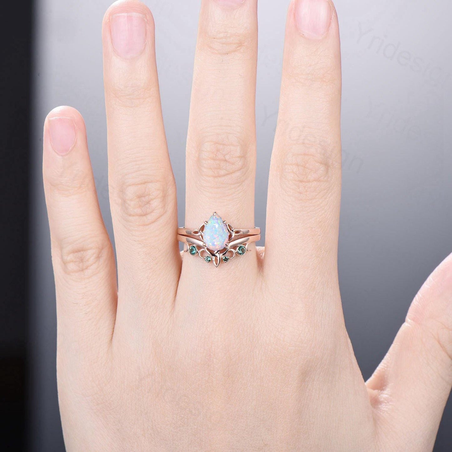 Celtic Knot White Opal Bridal Ring Set, 6x9mm Pear Shaped Fire Opal Engagement Ring Set, Emerald Stacking Matching Band, Anniversary Gift
