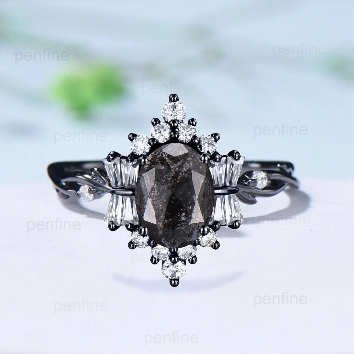 Unique Oval Salt And Pepper Diamond Ring Black Gold Vintage Luxury Pepper Diamond Engagement Ring Twig Vine Promise Ring Anniversary Gift