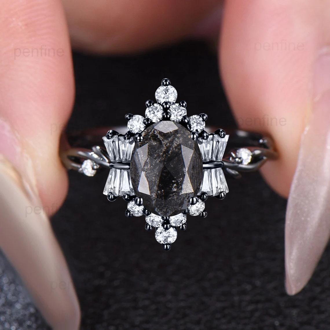 Unique Oval Salt And Pepper Diamond Ring Black Gold Vintage Luxury Pepper Diamond Engagement Ring Twig Vine Promise Ring Anniversary Gift
