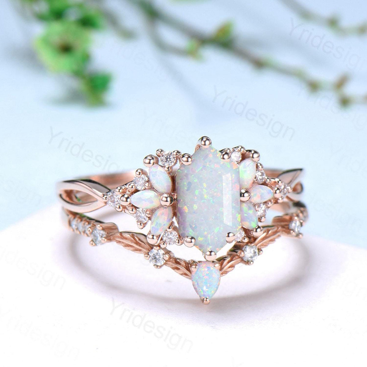Vintage long hexagon white opal wedding ring set rose gold vintage opal engagement ring rose gold infinity split shank bridal set for women