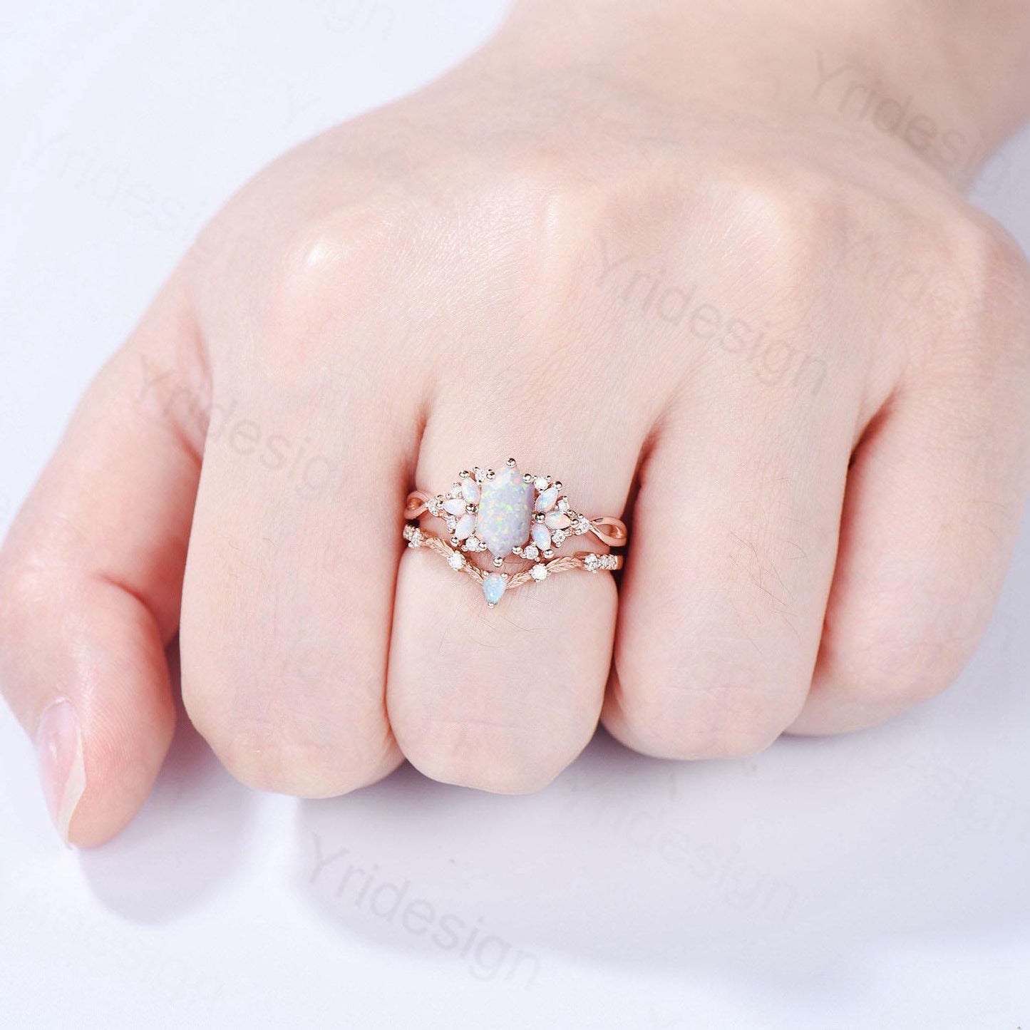 Vintage long hexagon white opal wedding ring set rose gold vintage opal engagement ring rose gold infinity split shank bridal set for women