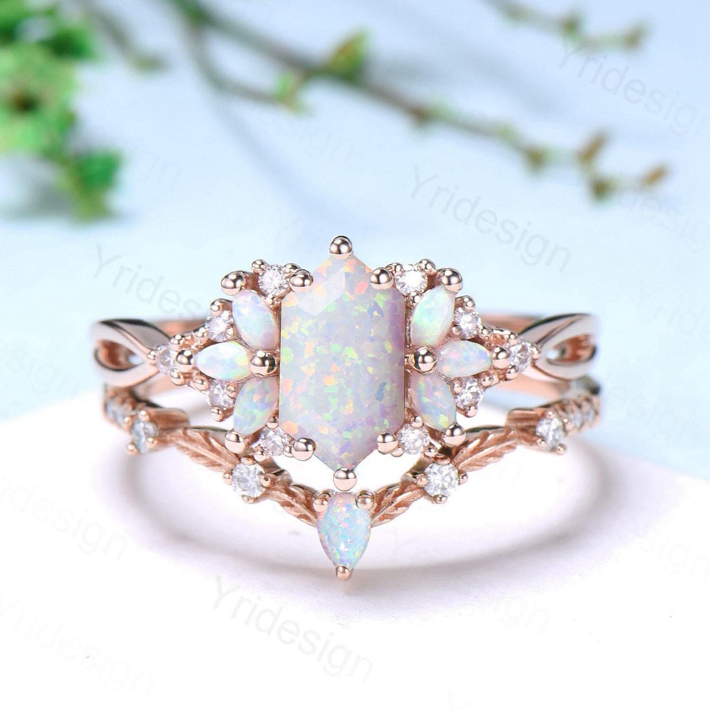 Vintage long hexagon white opal wedding ring set rose gold vintage opal engagement ring rose gold infinity split shank bridal set for women