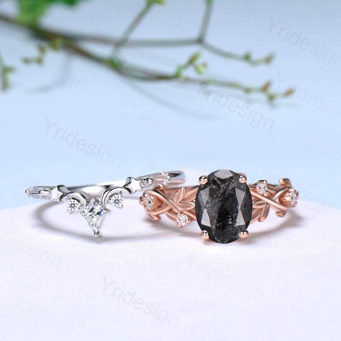 1.5CT Oval Salt And Pepper Diamond Engagement Ring Set Nature Inspired Wedding Set Unique Moon Star Stacking Matching Band Anniversary Gift