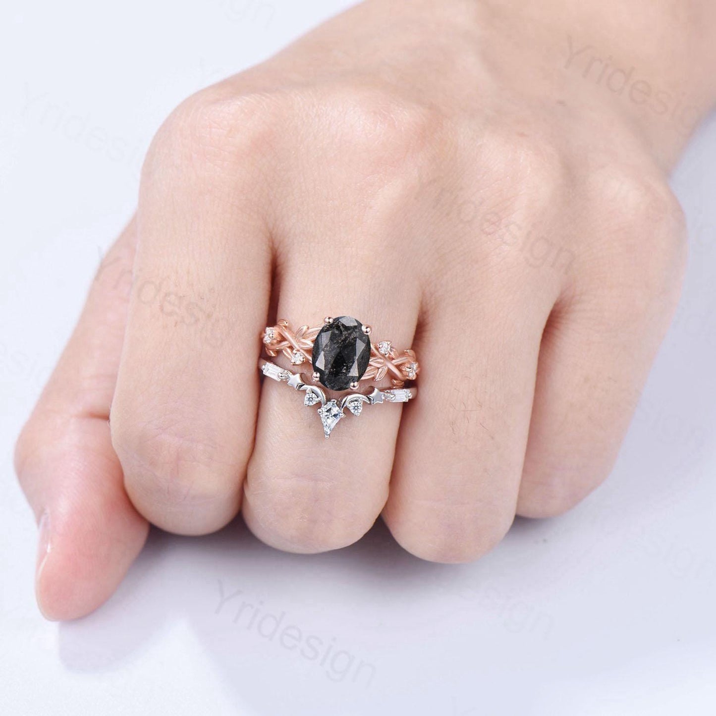 1.5CT Oval Salt And Pepper Diamond Engagement Ring Set Nature Inspired Wedding Set Unique Moon Star Stacking Matching Band Anniversary Gift