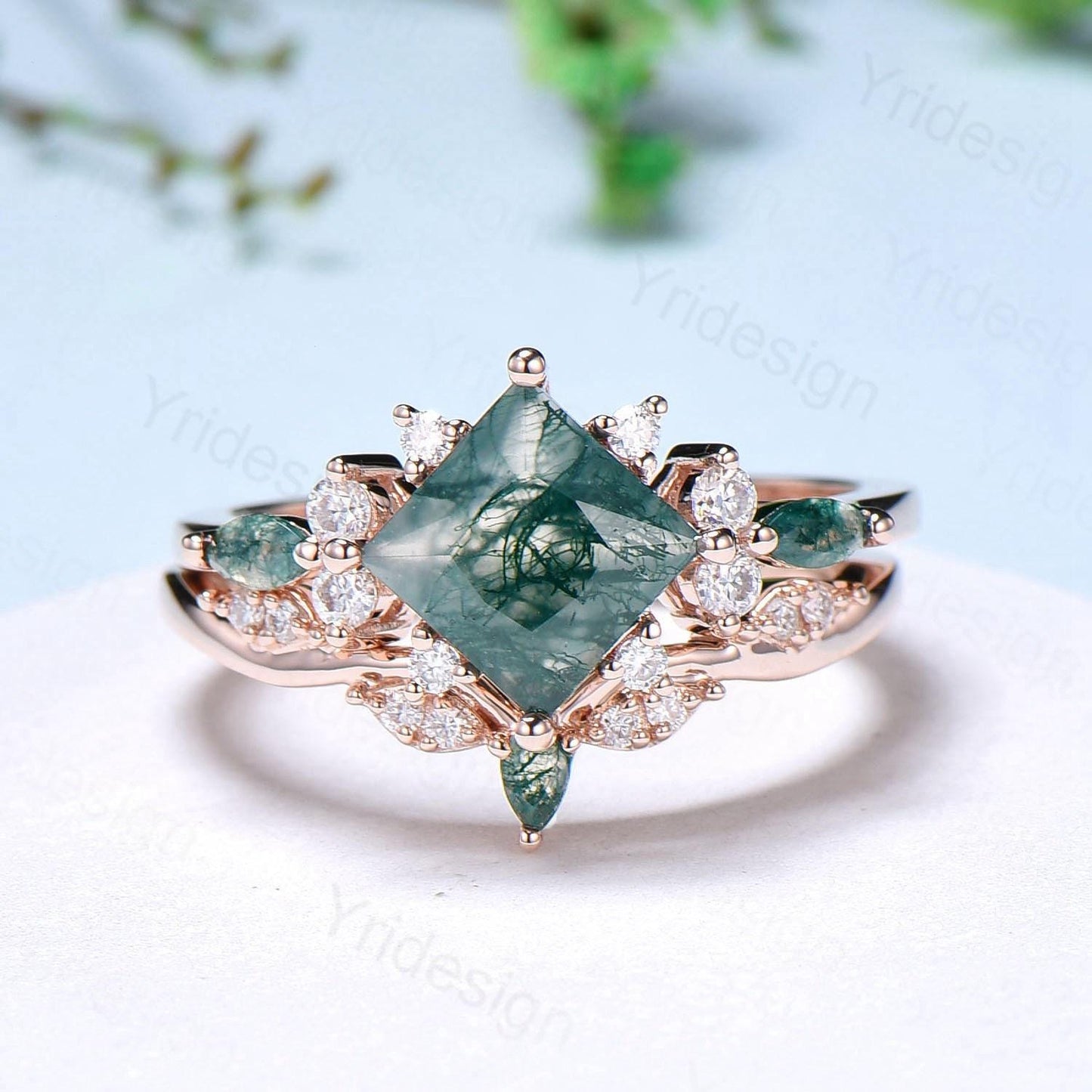 Vintage 2CT Princess Cut Green Moss Agate Engagement Ring Cluster Nature Marquise Green Gemstone Ring Set 2pcs Bridal Ring 14K Rose Gold Set