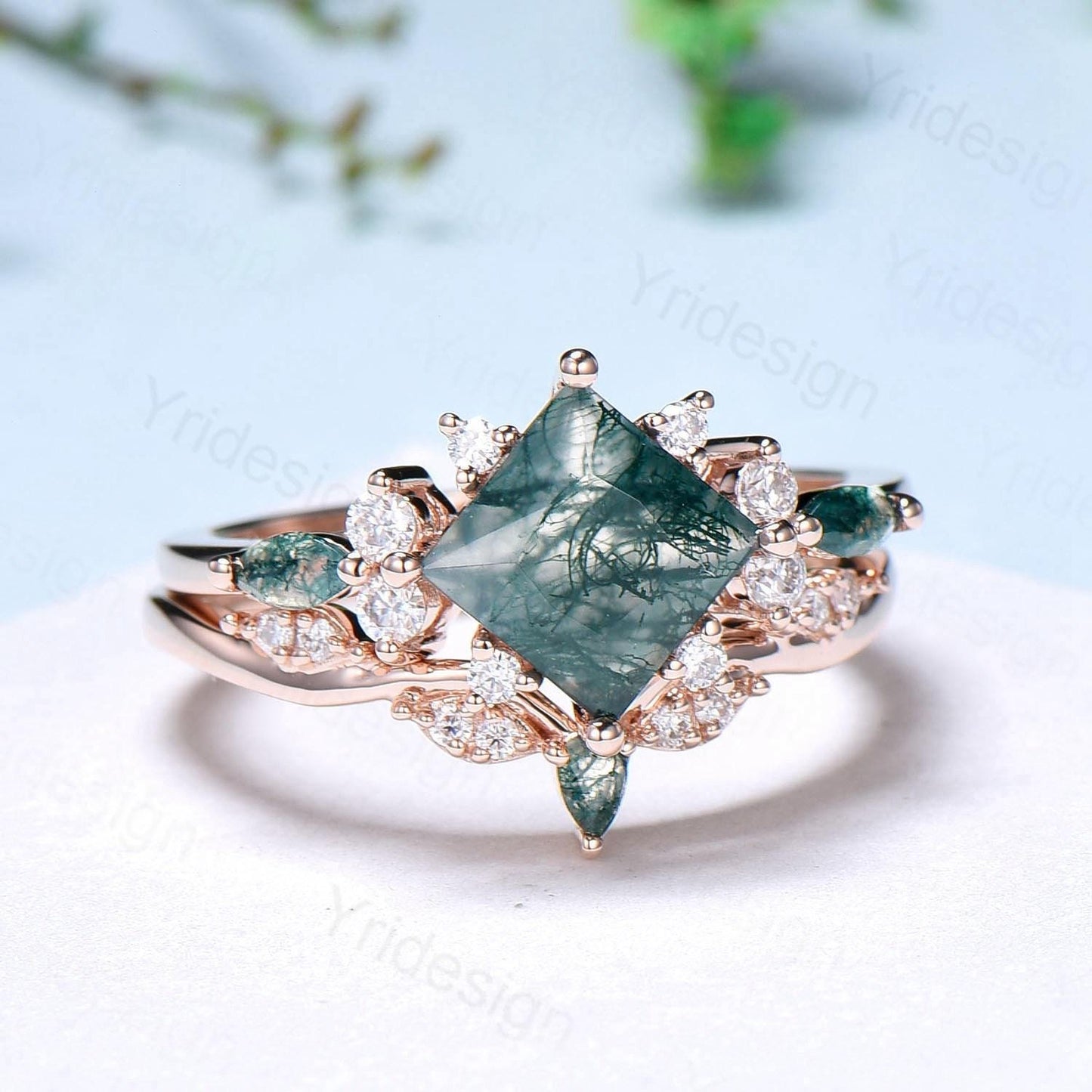 Vintage 2CT Princess Cut Green Moss Agate Engagement Ring Cluster Nature Marquise Green Gemstone Ring Set 2pcs Bridal Ring 14K Rose Gold Set