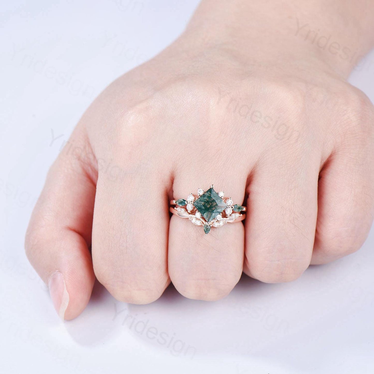 Vintage 2CT Princess Cut Green Moss Agate Engagement Ring Cluster Nature Marquise Green Gemstone Ring Set 2pcs Bridal Ring 14K Rose Gold Set