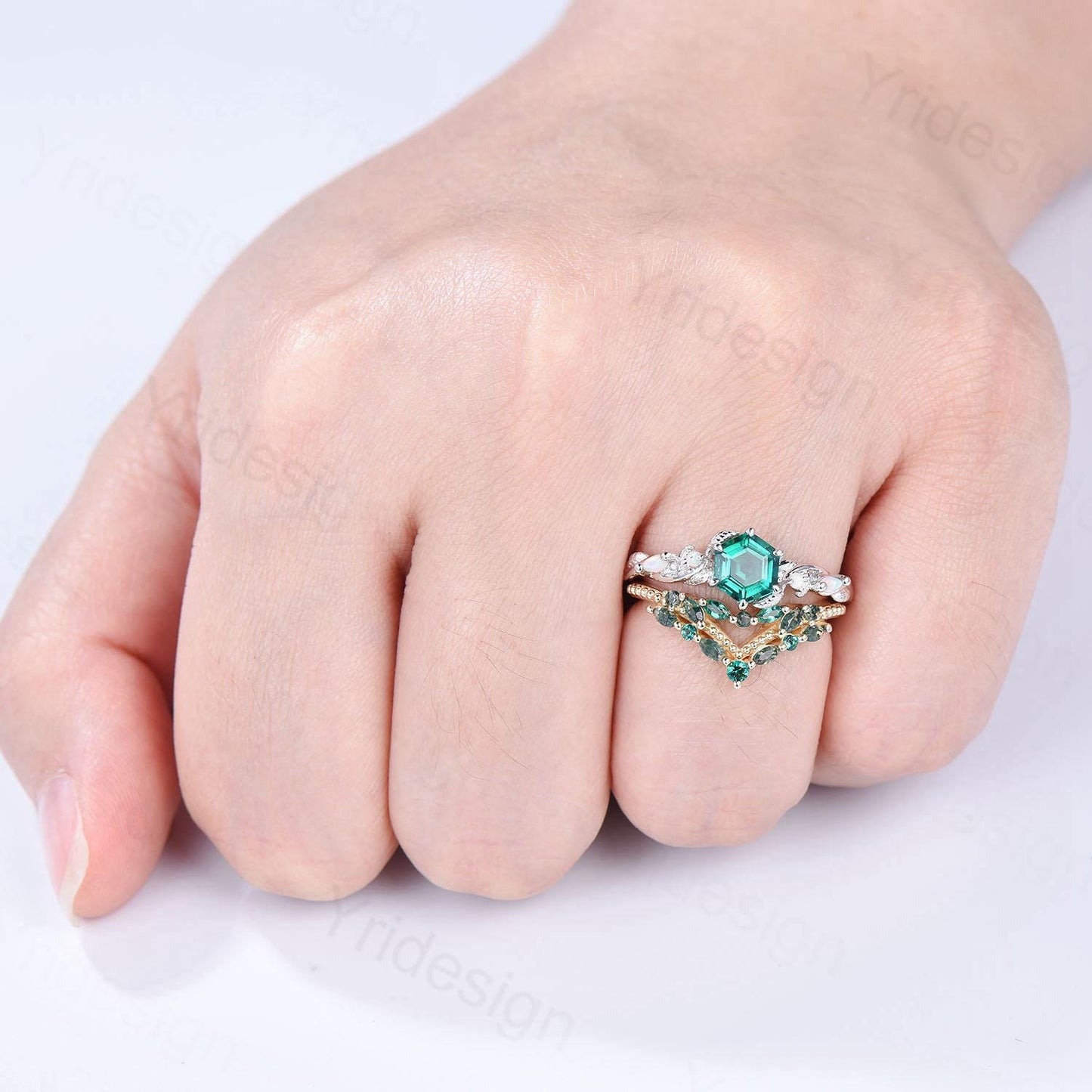 Unique hexagon cut emerald wedding set, Nature Inspired opal emerald engagement ring set, curved moss agate stacking band bridal set women