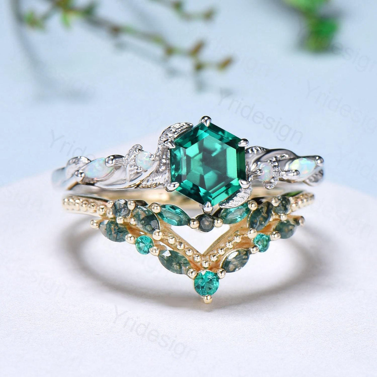 Unique hexagon cut emerald wedding set, Nature Inspired opal emerald engagement ring set, curved moss agate stacking band bridal set women