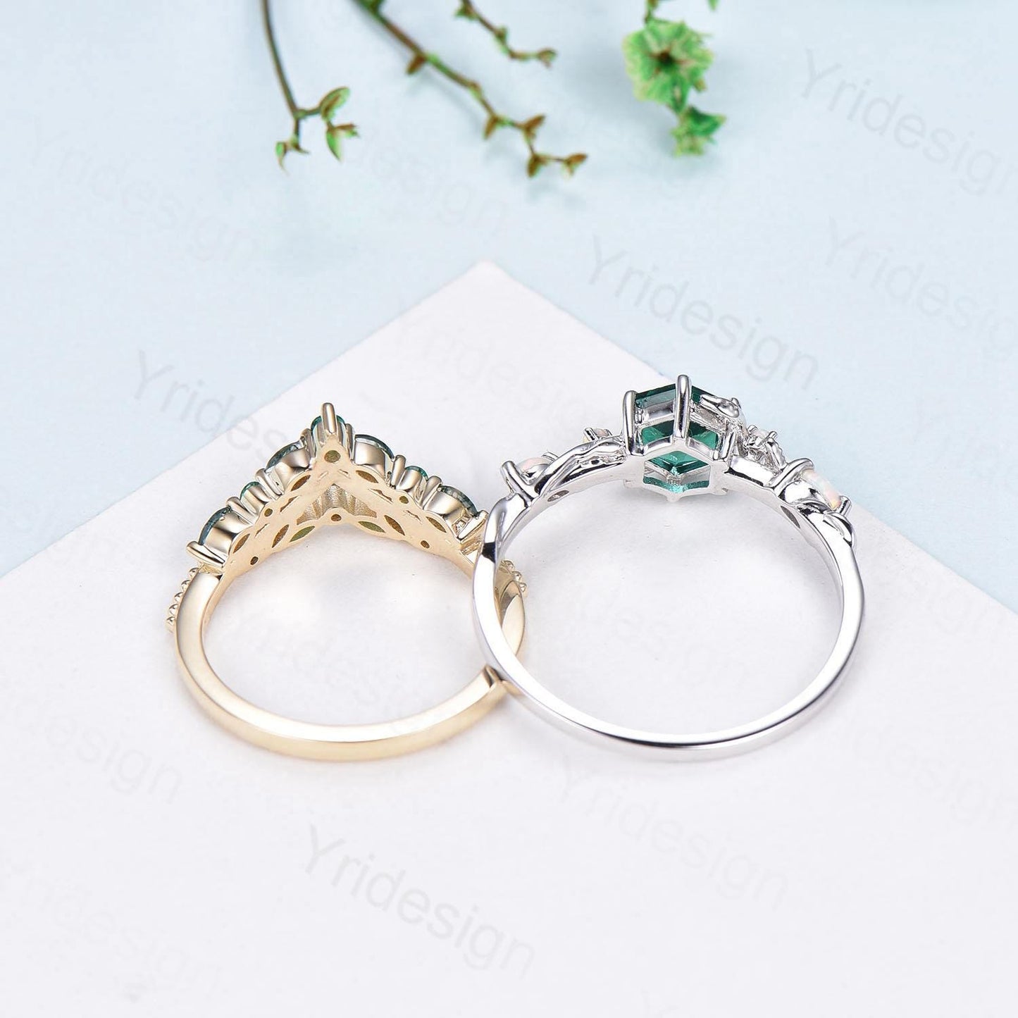 Unique hexagon cut emerald wedding set, Nature Inspired opal emerald engagement ring set, curved moss agate stacking band bridal set women