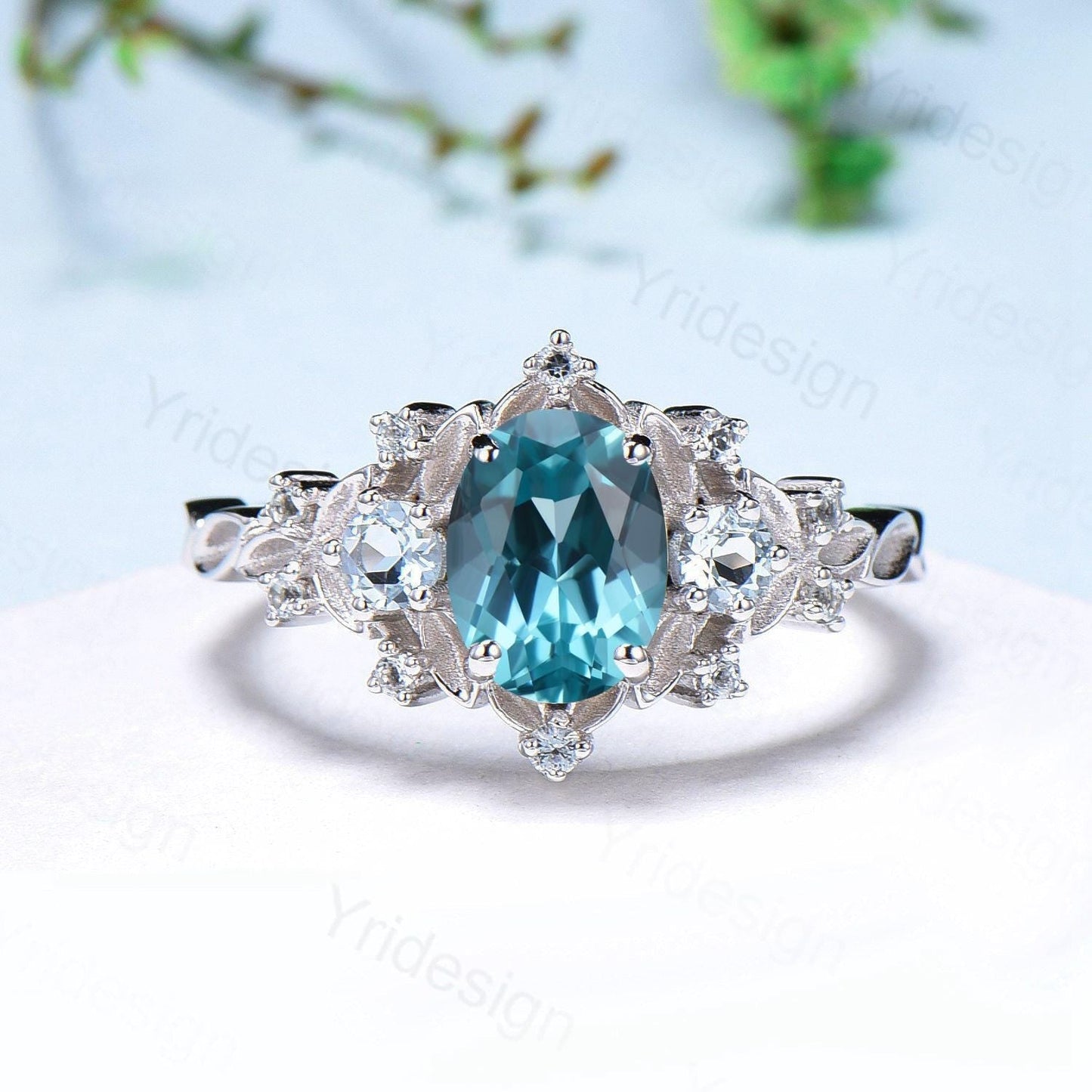 Unique oval blue paraiba engagement ring Nature Inspired silver white gold leaf engagement ring cluster aquamarine wedding band ring women