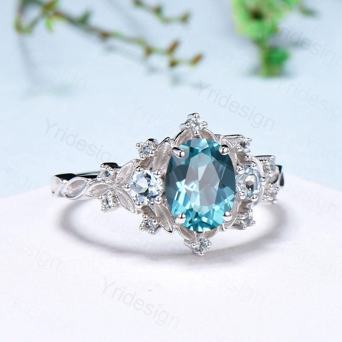 Unique oval blue paraiba engagement ring Nature Inspired silver white gold leaf engagement ring cluster aquamarine wedding band ring women