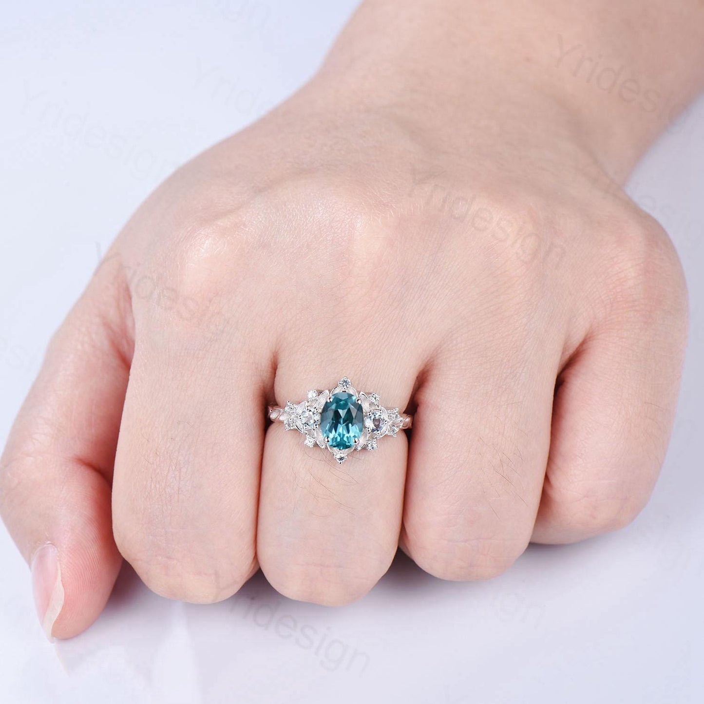 Unique oval blue paraiba engagement ring Nature Inspired silver white gold leaf engagement ring cluster aquamarine wedding band ring women