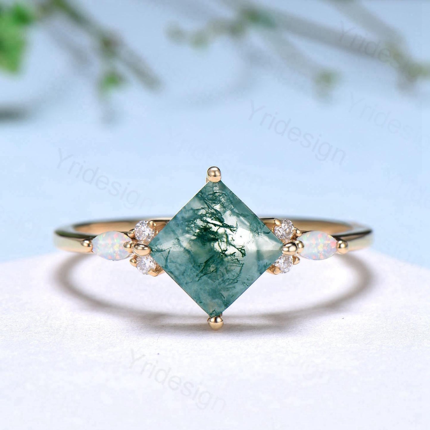 Vintage Princess Moss Agate Engagement Ring Set Cluster Opal Band Wedding Set Unique Black Gold  Green Agate Opal Stacking Band Bridal Set
