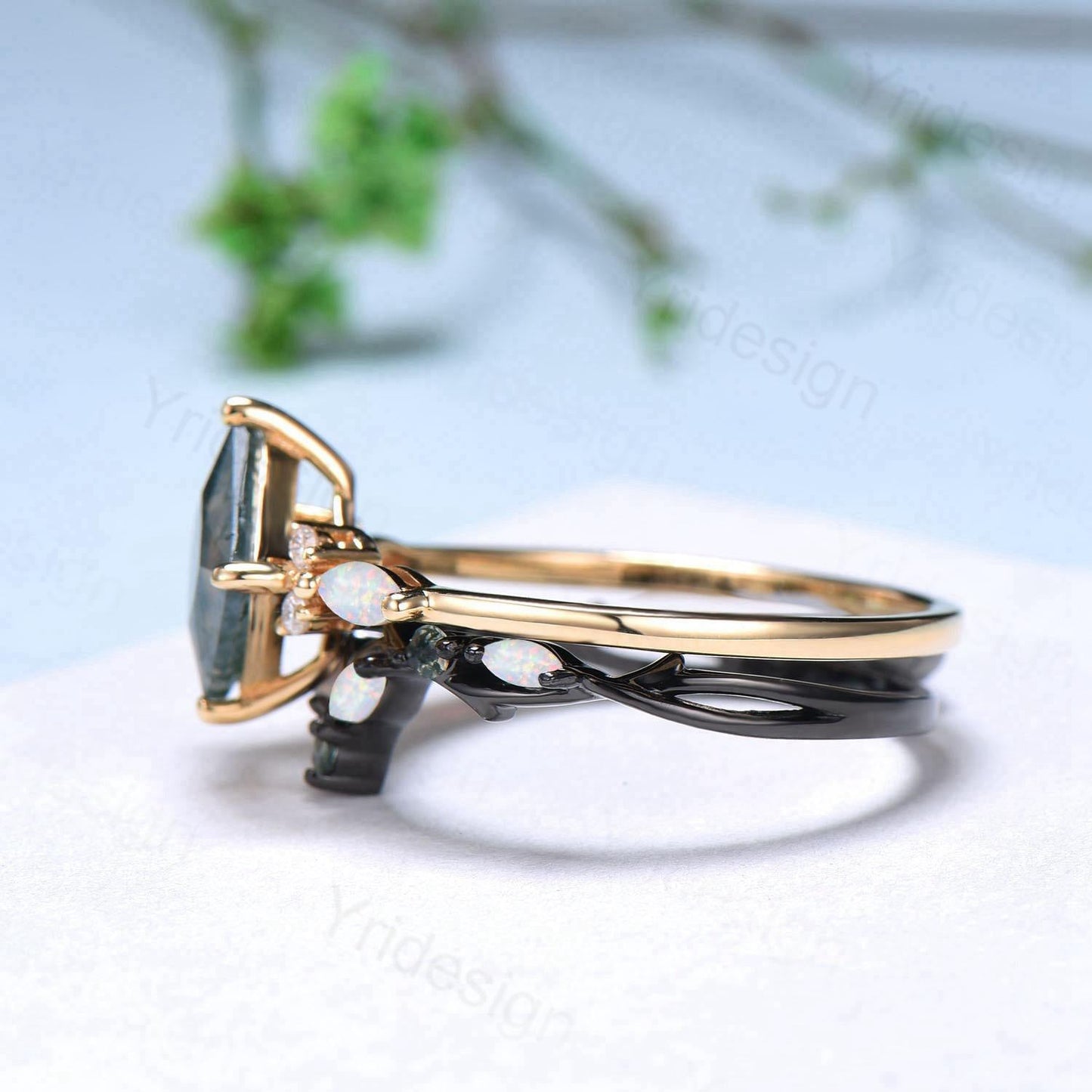 Vintage Princess Moss Agate Engagement Ring Set Cluster Opal Band Wedding Set Unique Black Gold  Green Agate Opal Stacking Band Bridal Set