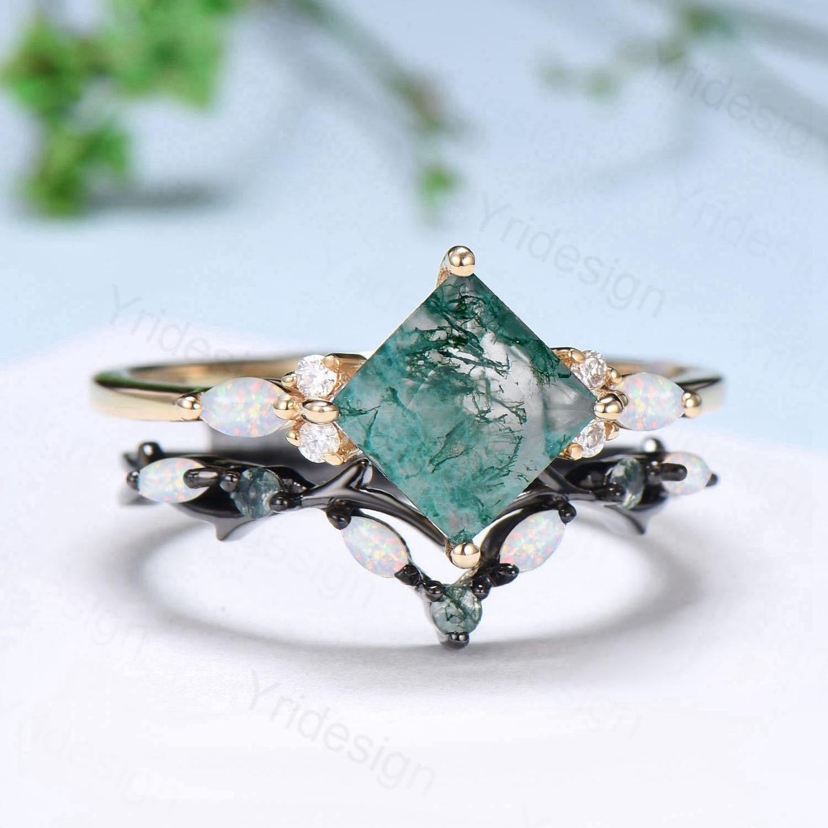 Vintage Princess Moss Agate Engagement Ring Set Cluster Opal Band Wedding Set Unique Black Gold  Green Agate Opal Stacking Band Bridal Set
