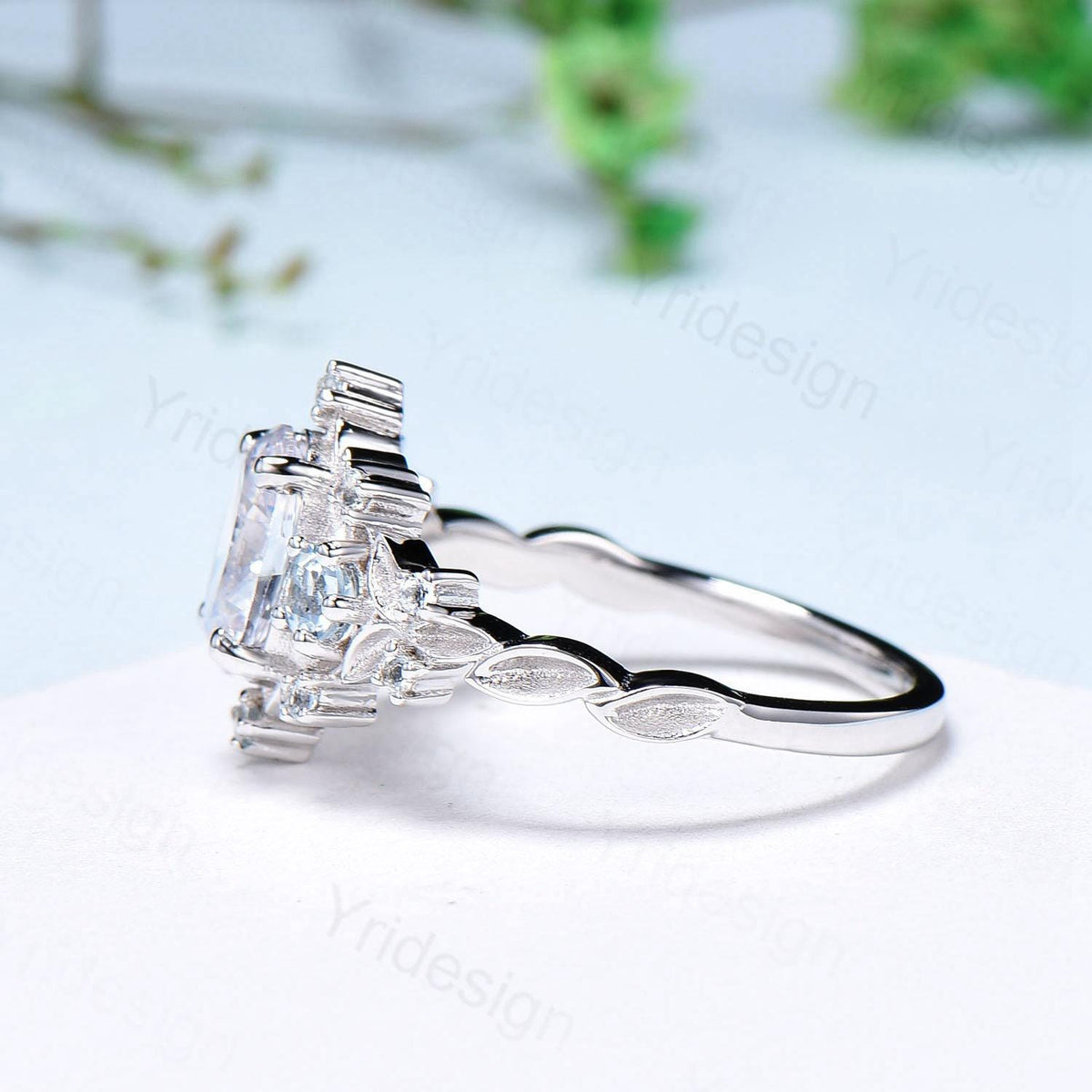 Unique oval moissanite engagement ring Nature Inspired delicate white gold leaf engagement ring cluster aquamarine wedding band ring women
