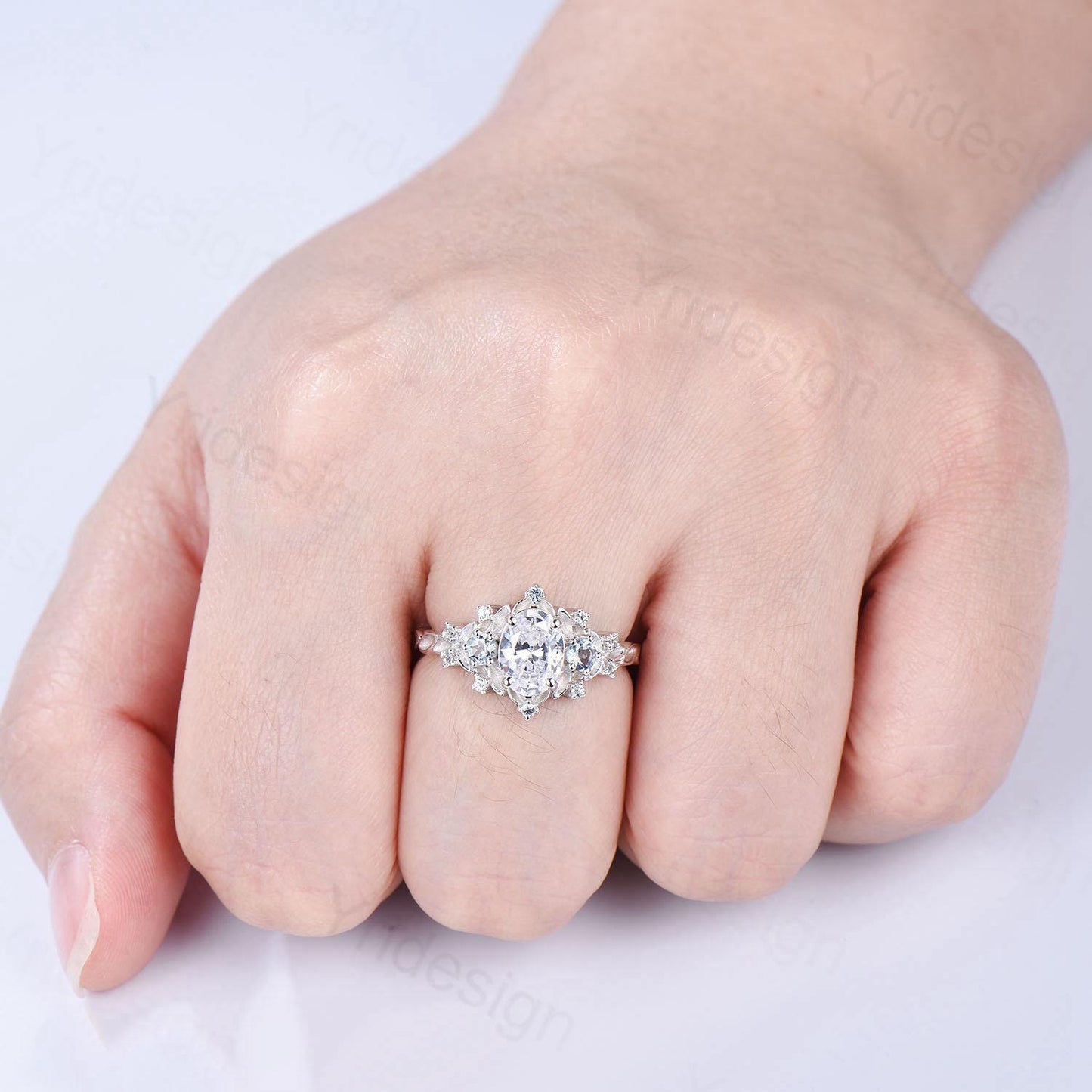 Unique oval moissanite engagement ring Nature Inspired delicate white gold leaf engagement ring cluster aquamarine wedding band ring women