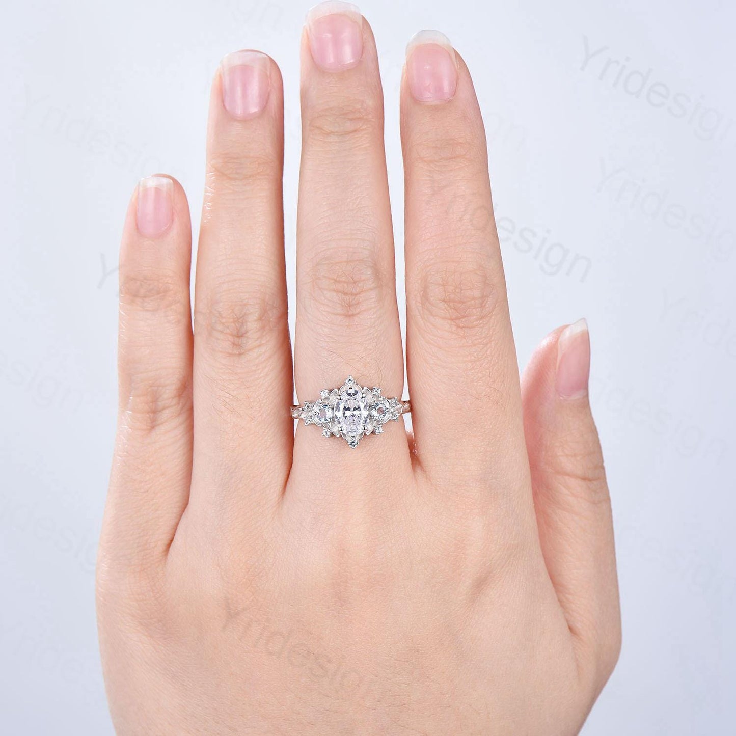 Unique oval moissanite engagement ring Nature Inspired delicate white gold leaf engagement ring cluster aquamarine wedding band ring women
