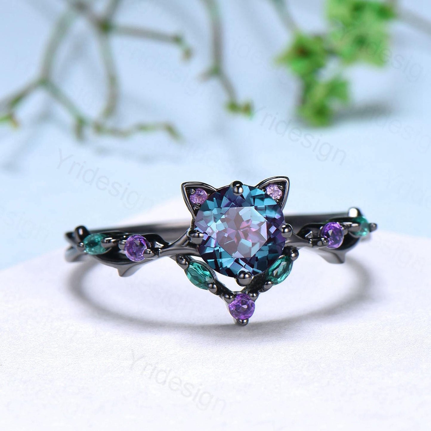 Cat Alexandrite Engagement Ring Black Gold Animal Inspired Amethyst Emerald Ring