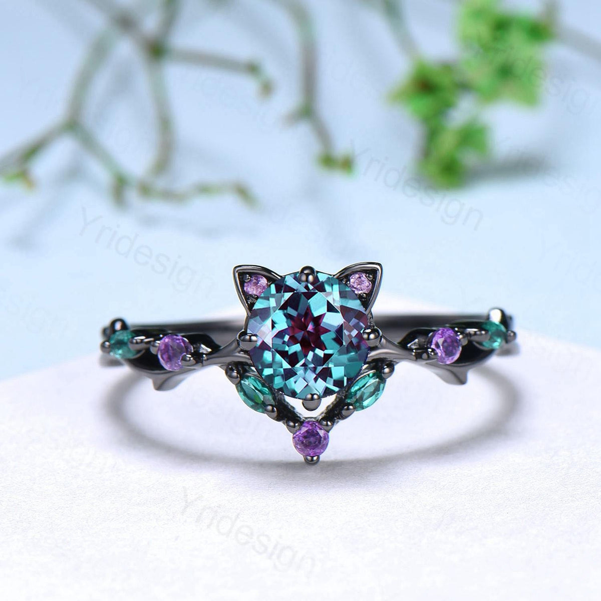 Cat Alexandrite Engagement Ring Black Gold Animal Inspired Amethyst Emerald Ring