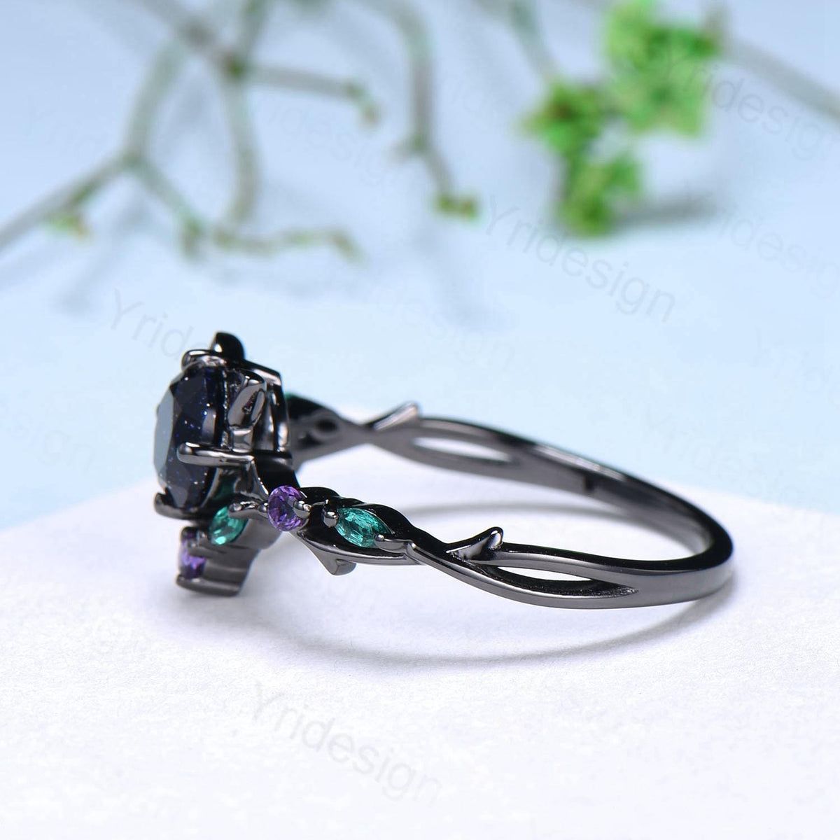 Cat Alexandrite Engagement Ring Black Gold Animal Inspired Amethyst Emerald Ring