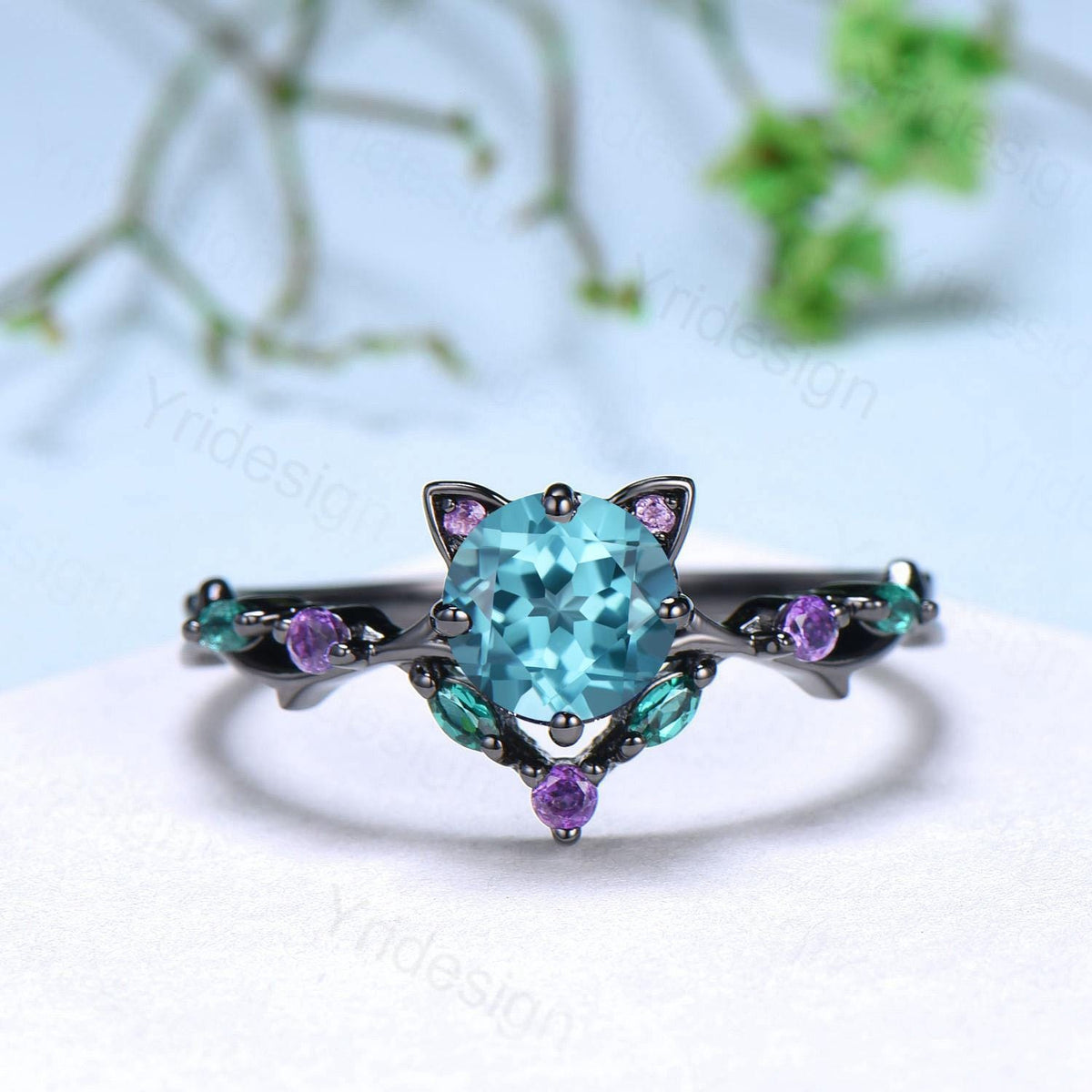 Unique Cat Ring Black Gold Paraíba Engagement Ring Black Gold Animal Inspired Amethyst Emerald Band Vintage Promise Anniversary Ring Women