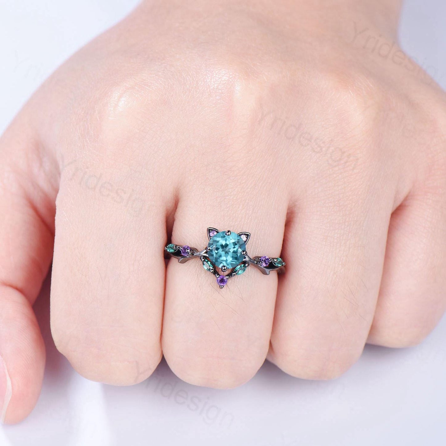 Unique Cat Ring Black Gold Paraíba Engagement Ring Black Gold Animal Inspired Amethyst Emerald Band Vintage Promise Anniversary Ring Women