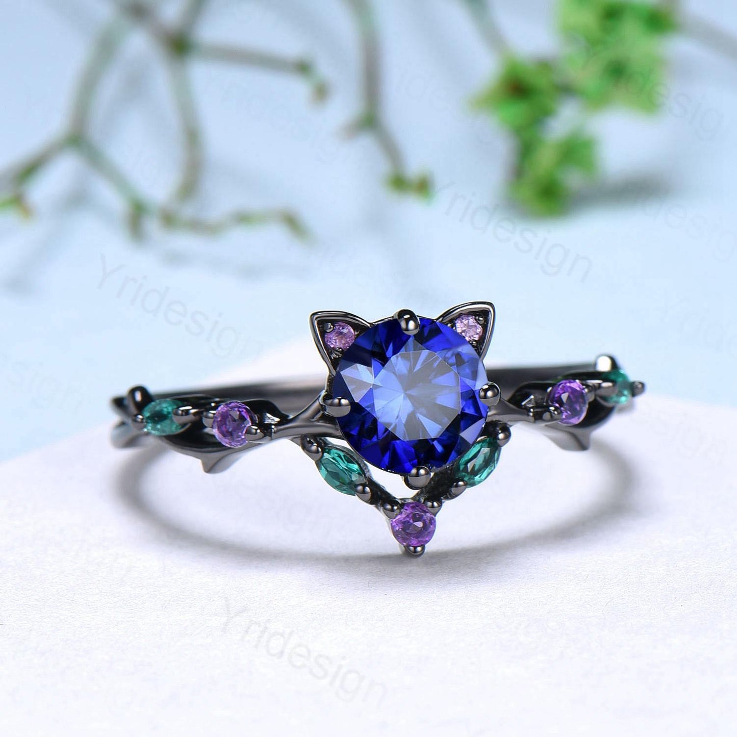 Unique Blue Sapphire Ring Black Gold Cat Engagement Ring Black Gold Animal Inspired Amethyst Emerald Band September Birthstone Promise Gift