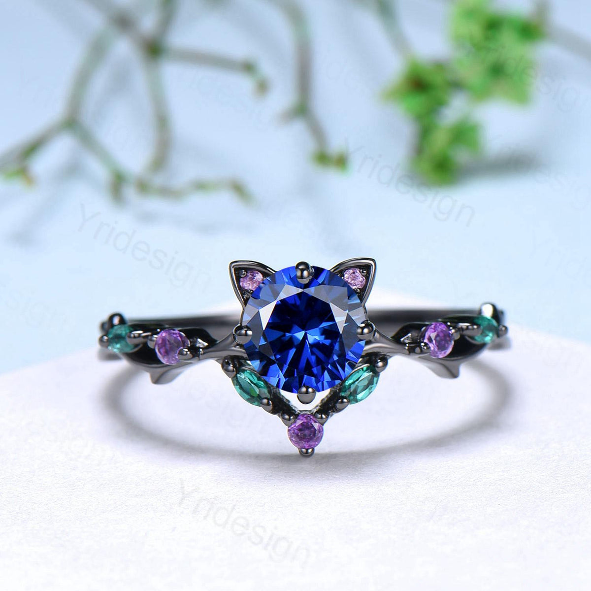 Unique Blue Sapphire Ring Black Gold Cat Engagement Ring Black Gold Animal Inspired Amethyst Emerald Band September Birthstone Promise Gift