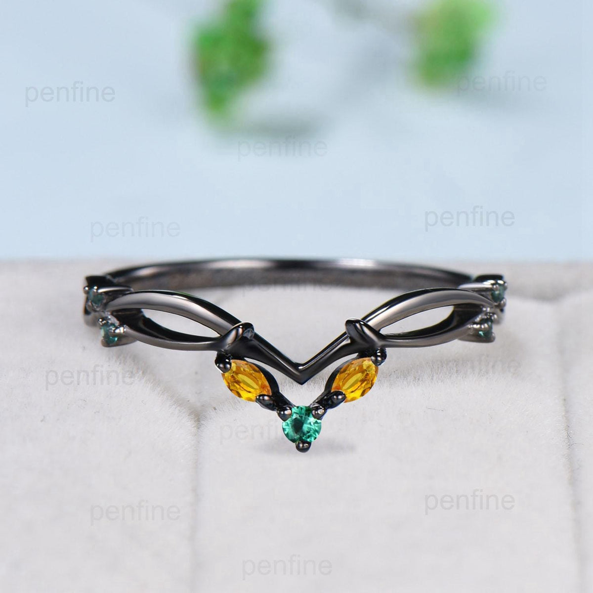 Unique Gothic Wedding Ring Black Gold Emerald Wedding Ring Marquise Citrine Emerald Stackable Matching Band Handmade Proposal Gifts Women