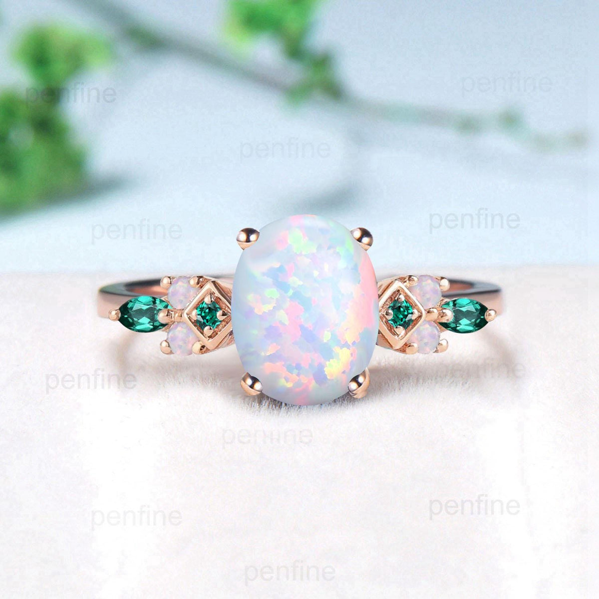 Vintage White Opal Engagement Ring Cluster Emerald Fire Opal Wedding Ring October Birthstone Bridal Ring Rose Gold Anniversary Ring Women