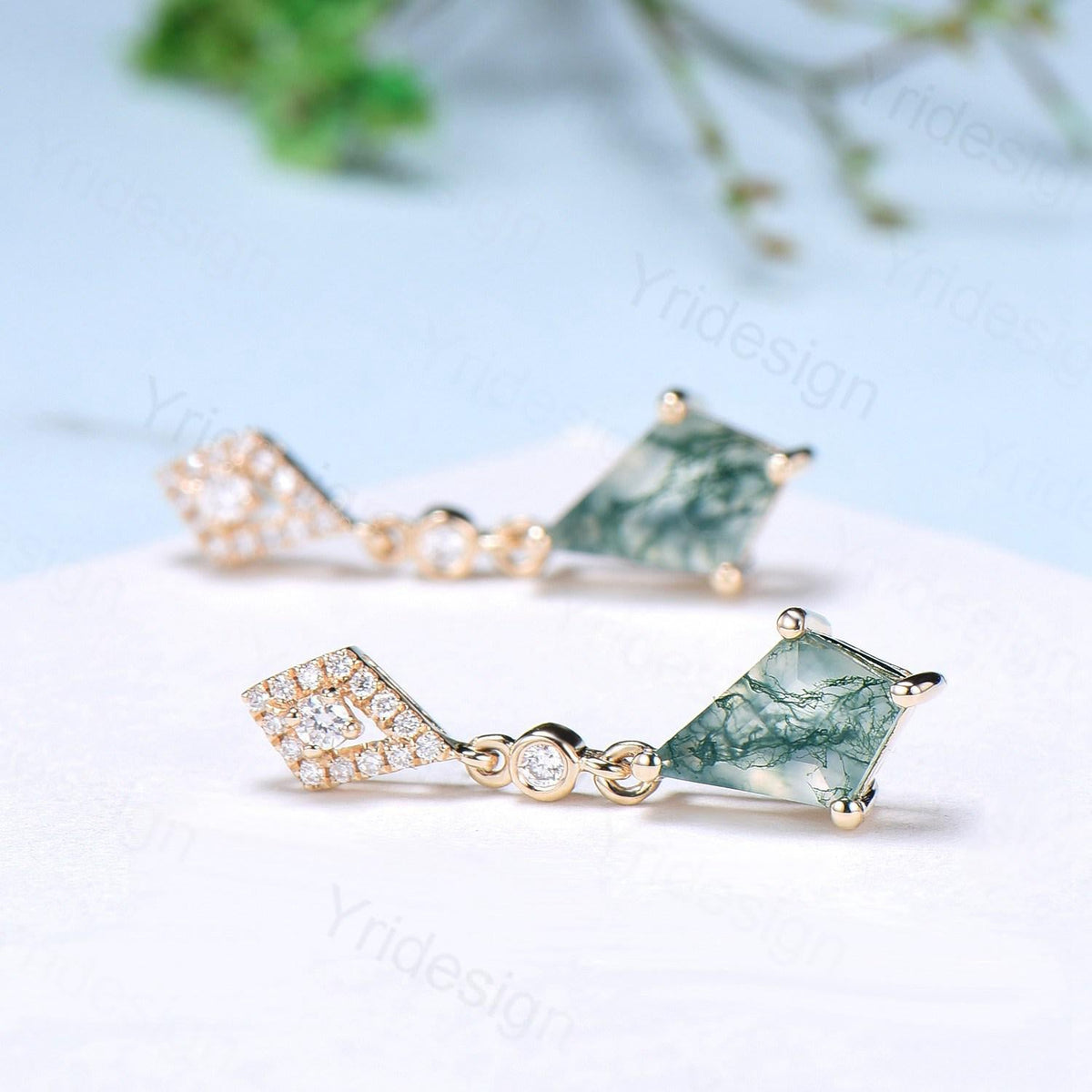 Vintage Natural Moss Agate earrings Elegant 14/18K Yellow Gold Kite Cut Green Agate Stud Earrings Women  crystal earrings anniversary gift