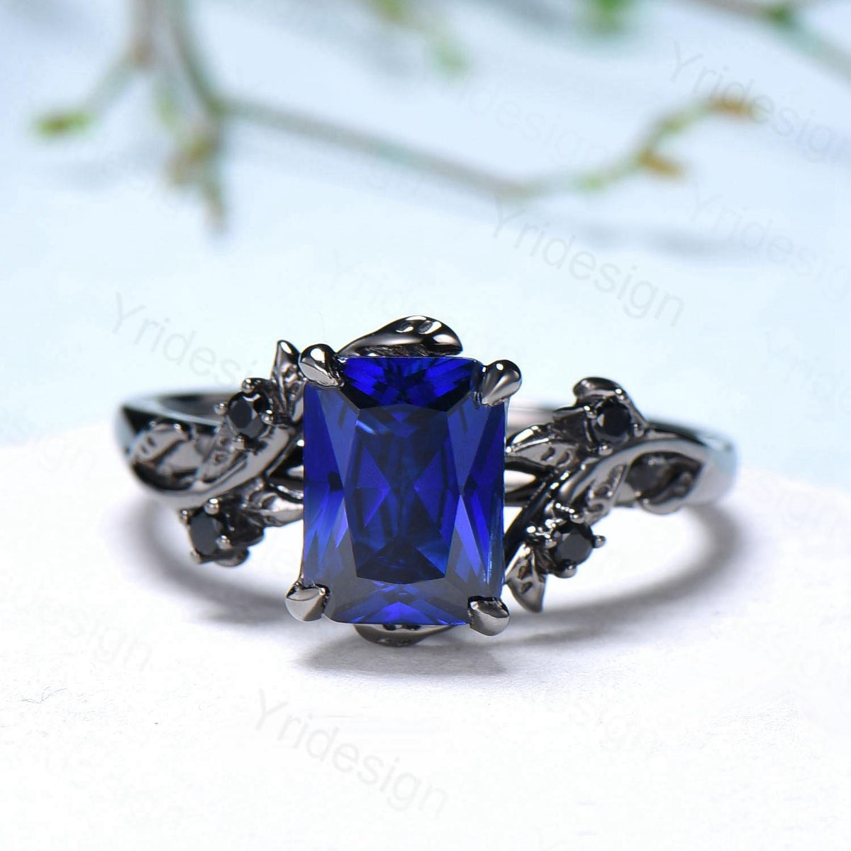 Nature Inspired black gold sapphire engagement ring emerald cut twig vine September birthstone engagement ring cluster spinel promise gift