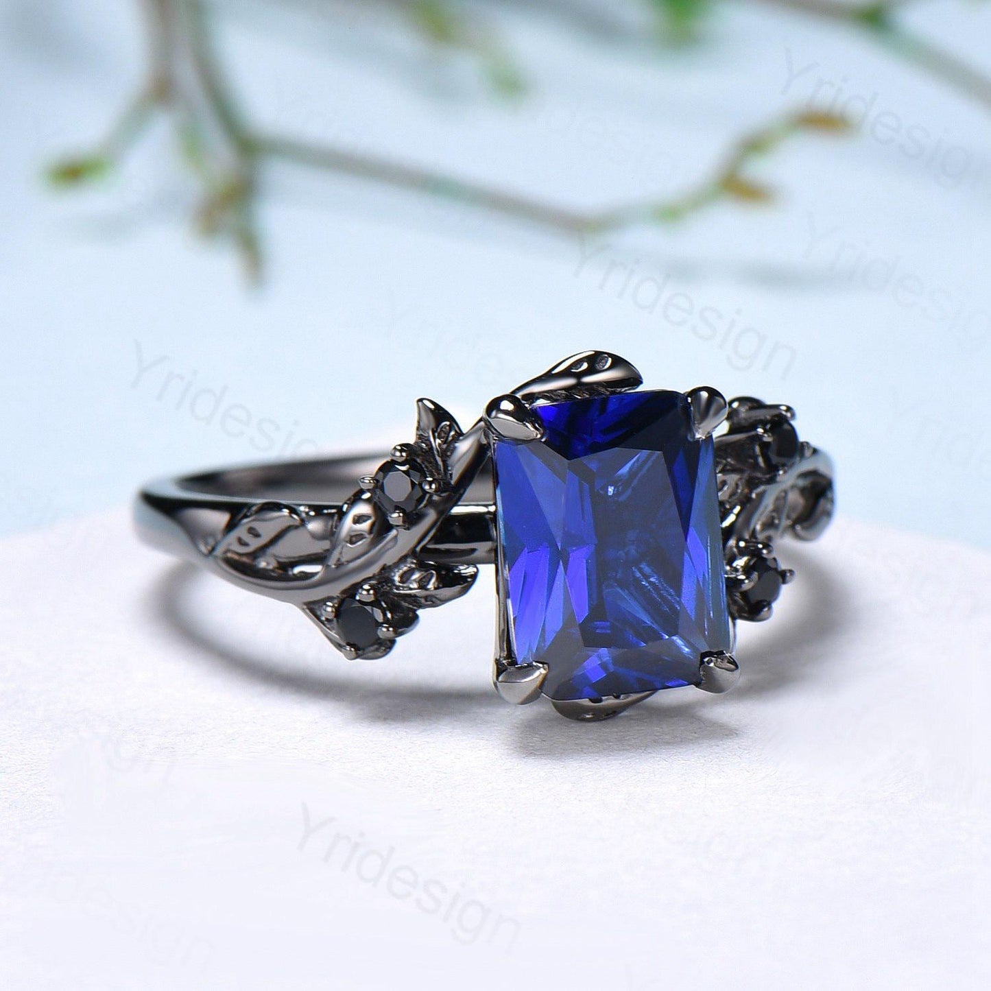 Nature Inspired black gold sapphire engagement ring emerald cut twig vine September birthstone engagement ring cluster spinel promise gift