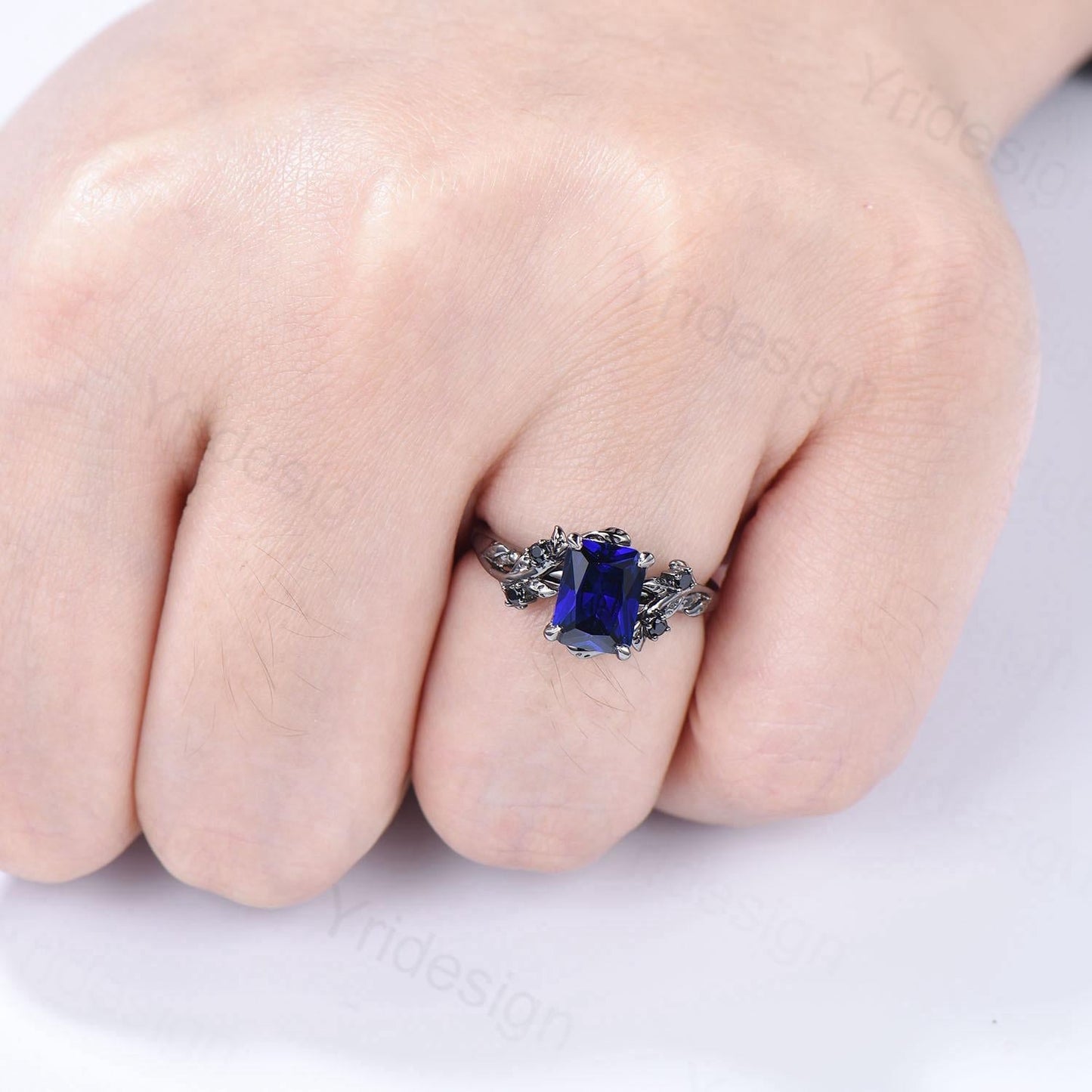 Nature Inspired black gold sapphire engagement ring emerald cut twig vine September birthstone engagement ring cluster spinel promise gift