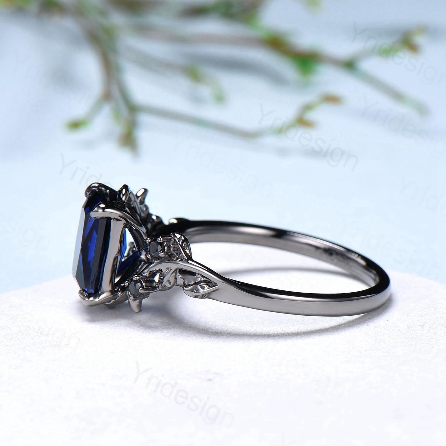 Nature Inspired black gold sapphire engagement ring emerald cut twig vine September birthstone engagement ring cluster spinel promise gift