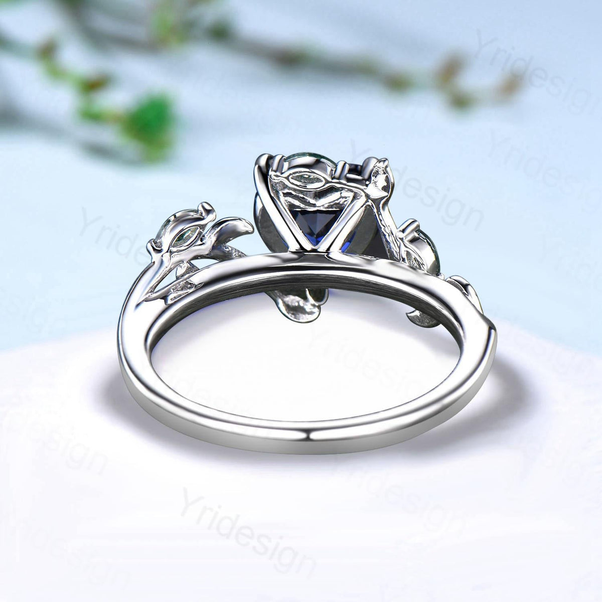 Nature Inspired Heart Shaped Blue Sapphire Engagement Ring Leaves Marquise Moss Agate Twig Wedding Ring Unique Anniversary Promise Ring Gift