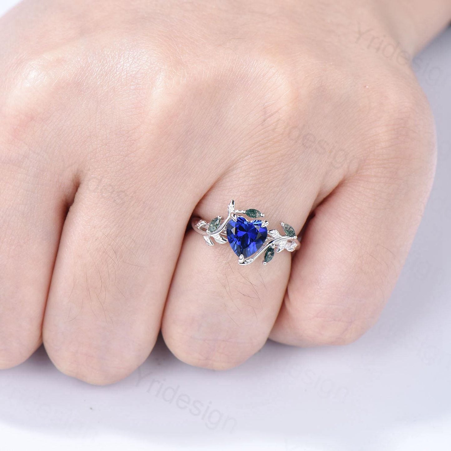 Nature Inspired Heart Shaped Blue Sapphire Engagement Ring Leaves Marquise Moss Agate Twig Wedding Ring Unique Anniversary Promise Ring Gift