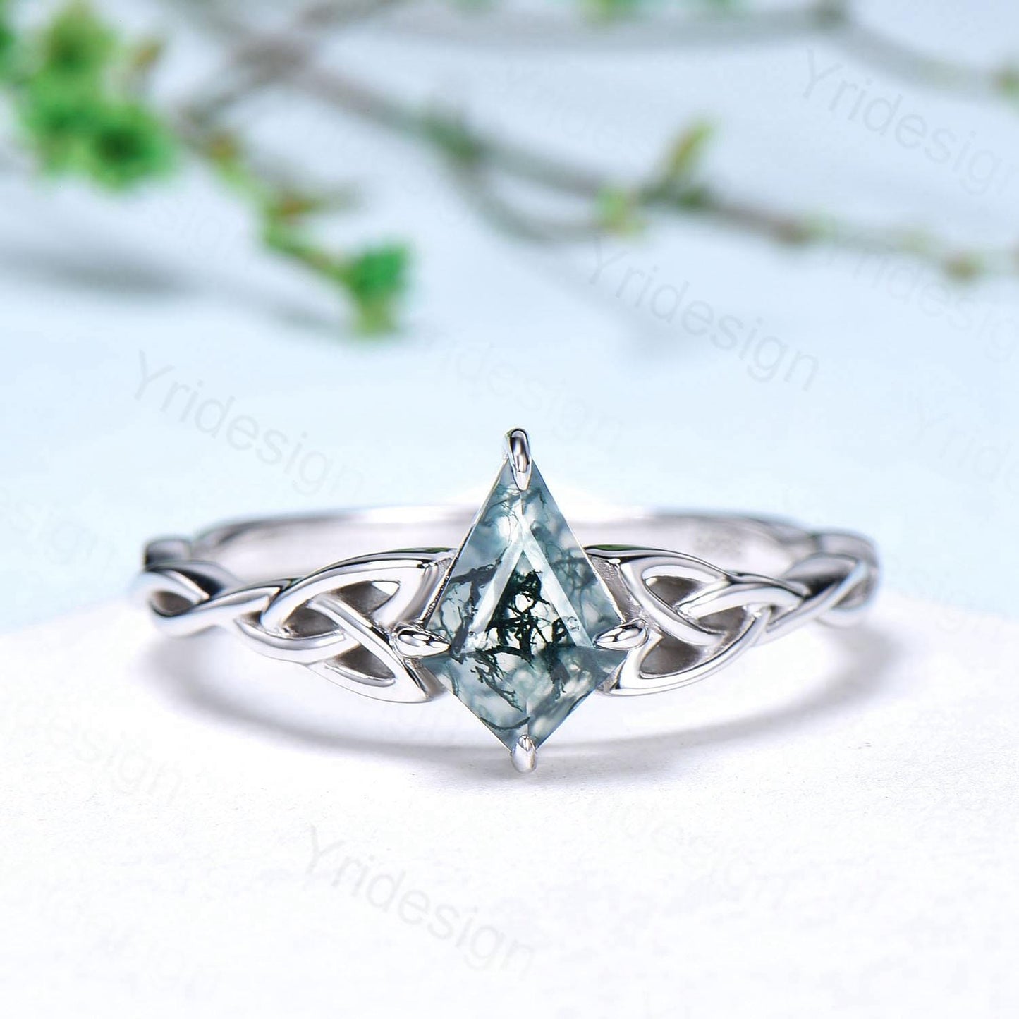 Norse Viking Kite Cut Moss Agate Engagement Ring Set Celtic Love Knot Moonstone Wedding Band Vintage Unique Twisted Green Crystal Bridal Set